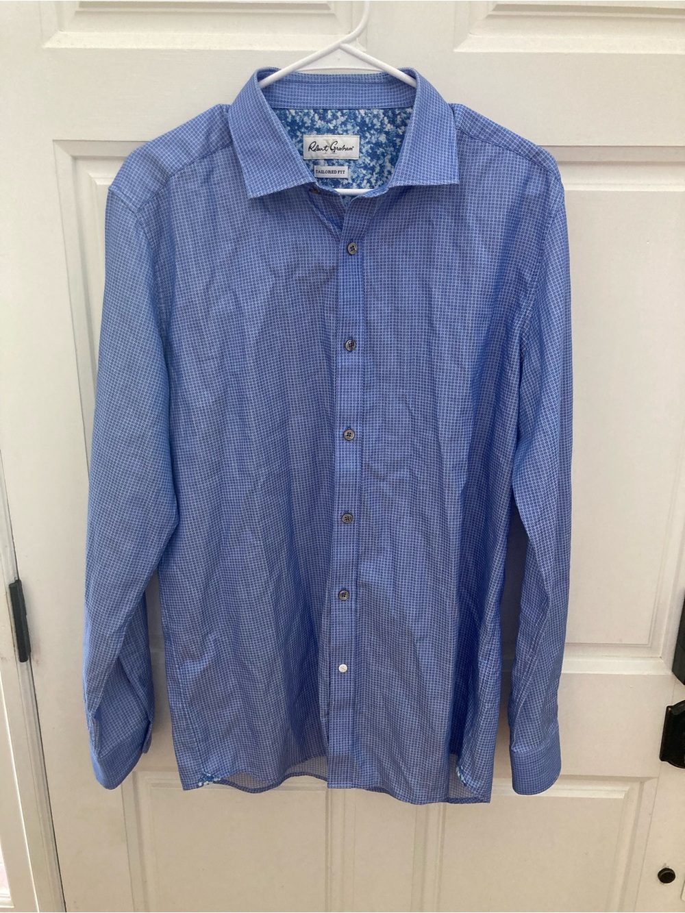 Robert Graham Blue Micro-Check Dress Shirt with Patterned Inner Collar